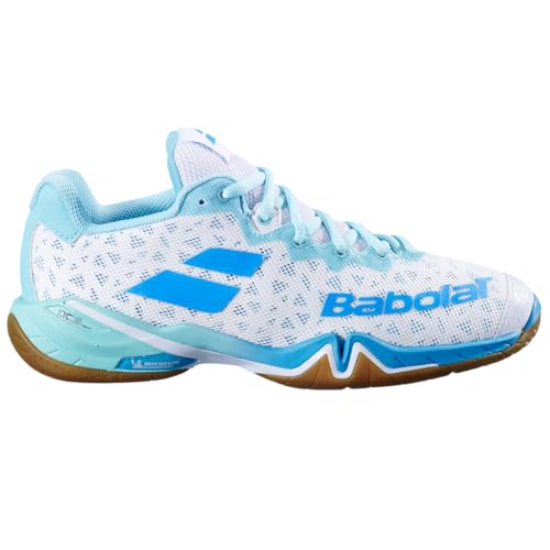 Babolat, Zapatillas de bádminton Modelo Shadow 4 W, Talla 38.5, Color Blanco/Turquesa, caña...