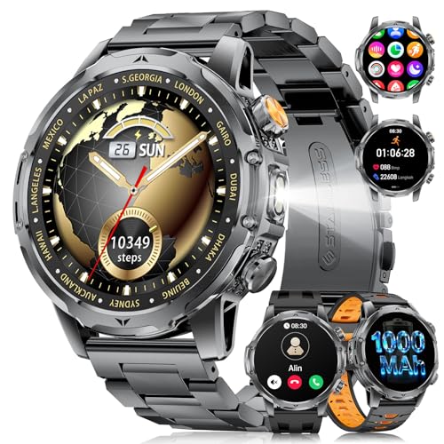 Reloj Inteligente Hombre Militar LED Linterna/1000mAh Batería/3 Correas, 1.53'Smartwatch Hombre con...
